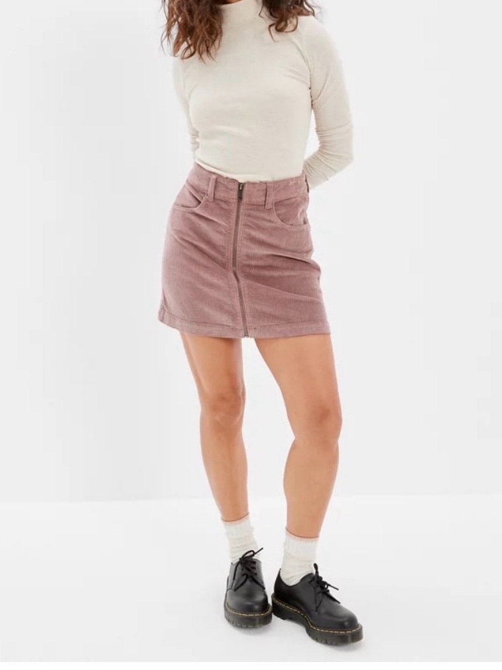American Eagle Outfitters Corduroy Front-Zip Mini Skirt - Mauve